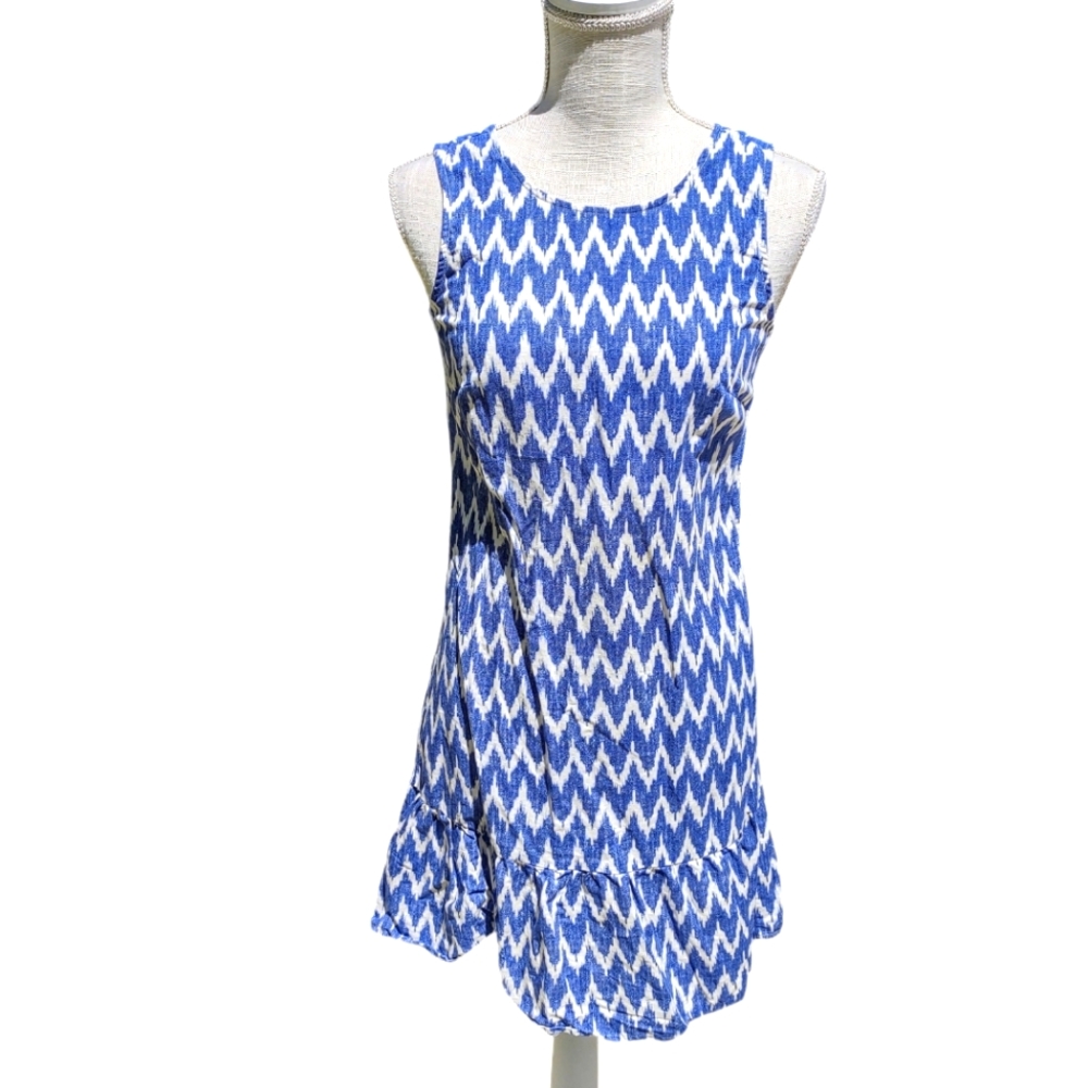 J.Crew‎ Size XXS Linen Blend Blue White Chevron Bowback Sleeveless Mini Dress